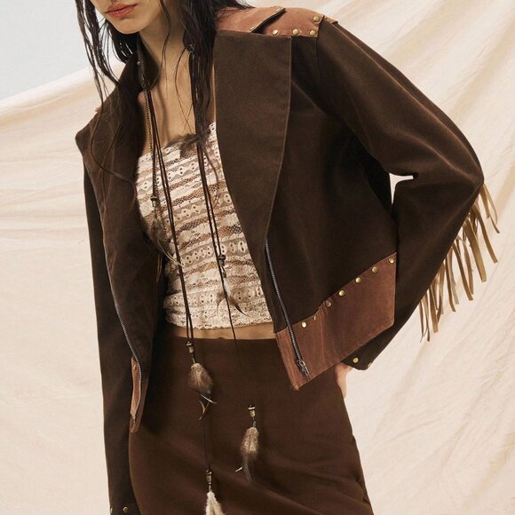Multicolor Boho Women's Suede Fringe Jacket with Nomadic Rivets Tassel - Picture 5 of 8